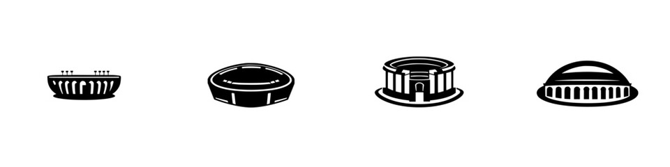 Poster - Collection of black icons representing various stadium designs in simplistic silhouette style