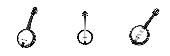 Poster - Unique black icon featuring three different banjos displayed in a minimalist style, showcasing their distinct shapes and designs