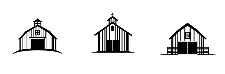 Poster - Silhouetted black barn icons showcasing different designs for rustic or rural themes