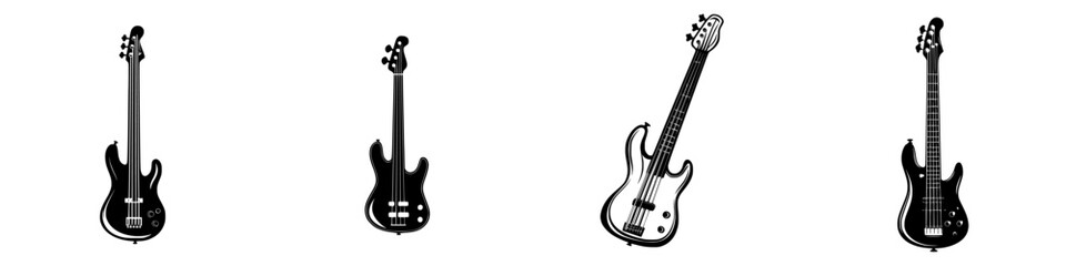 Poster - Collection of black electric bass guitar icons showcasing varying designs and styles for music enthusiasts and graphic projects