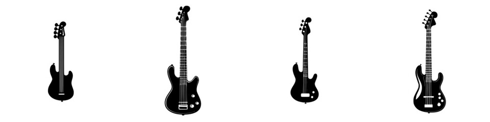 Poster - Unique collection of black guitar icons showcasing different shapes and designs in a minimalist style on a white background