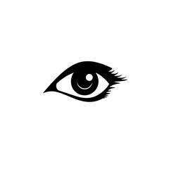 Poster - Black icon of a stylized eye design with a prominent pupil and eyelashes on a white background