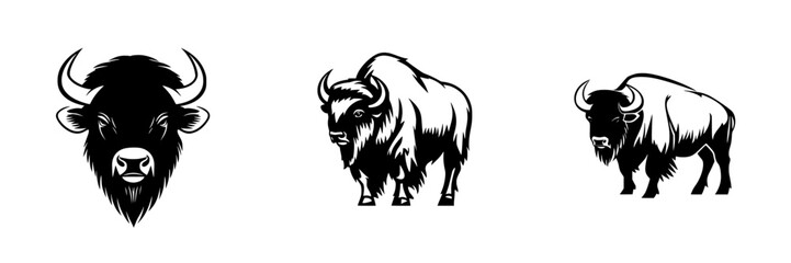 Poster - Black icon of three distinct bison designs showcasing various styles and features for illustrative purposes