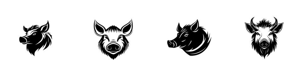 Poster - Black icons of wild boar heads representing various styles and features in graphic design and art