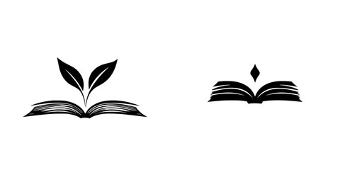 Poster - Black icon illustrating an open book with leaves symbolizing growth and knowledge in a minimalist design