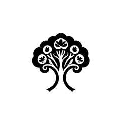Poster - Black icon of a stylized tree with decorative branches and leaves representing nature and life