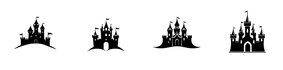 Poster - Black castle icons representing different designs for fantasy themes and creative projects in a minimalist style