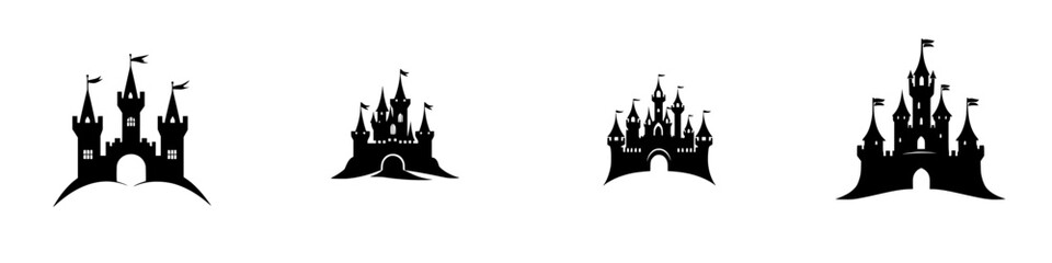 Poster - Various black castle icons with flags arranged in a line for design and illustration purposes