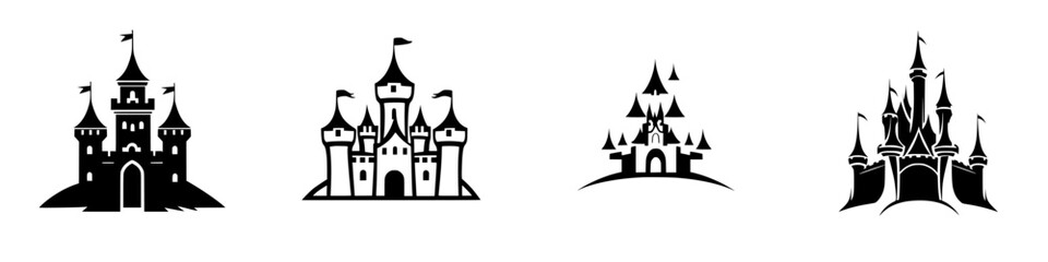 Poster - Black castle icons featuring different designs suitable for various graphic applications in a minimalist style