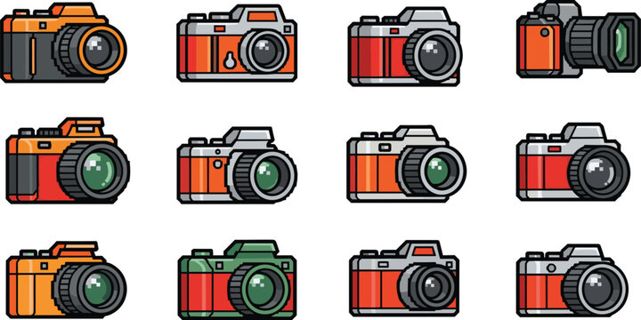 Collection of retro pixel art style cameras displayed on blue backdrop. Photography equipment, vintage technology, digital design, creative tools