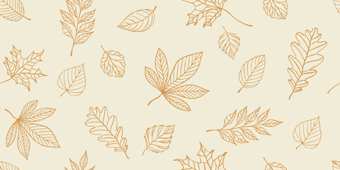 Hand drawn autumn leaves seamless pattern in linear style on beige background
