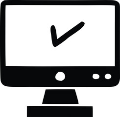Leinwandbilder - A simple black and white doodle illustration of a computer monitor displaying a large checkmark symbol on its screen