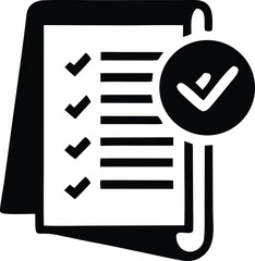 Poster - Black and white icon representing a completed checklist with multiple items marked as done and a large checkmark in a circle