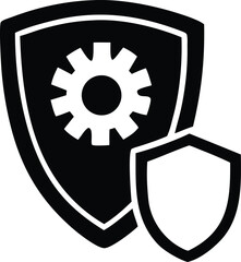 Poster - Abstract shield icon with a gear symbol inside representing security protection and operational efficiency in a digital context
