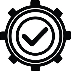 Poster - Black gear icon with a white checkmark inside a circle symbolizing successful completion and operational efficiency