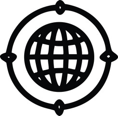 Fototapete - Stylized black and white globe icon with a circular border and four directional markers representing global reach or navigation