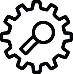 Poster - A stylized black outline icon of a magnifying glass integrated within a gear representing search and mechanical processes