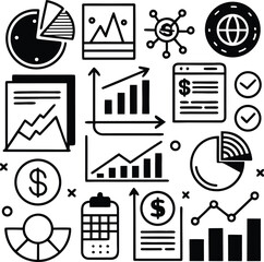 Poster - Collection of hand drawn icons representing financial data analysis growth charts and business metrics for presentations