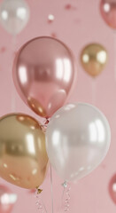 Poster - Three shiny balloons rose gold, gold, and white against a pink background, suggesting celebration, festivity, or a special occasion