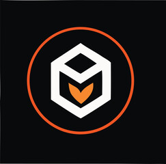 Fototapete - Modern abstract logo featuring a white geometric cube with an orange heart shape inside all enclosed within a thin orange circle on a black background