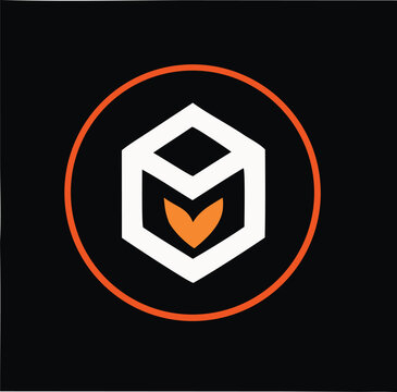 Modern abstract logo featuring a white geometric cube with an orange heart shape inside all enclosed within a thin orange circle on a black background