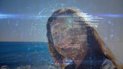 Poster - woman standing shore materializing holographic orb overlaying face enabling tech data visualization