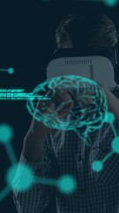 Poster - Animation of human brains spinning and data processing over businessman wearing vr headset
