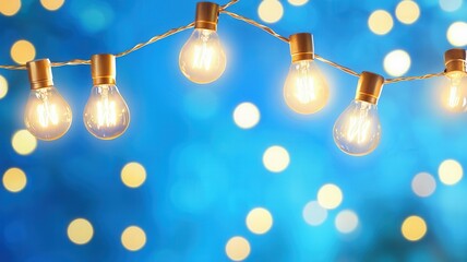 Poster - Glowing light bulbs suspended from string, illuminating blurred turquoise intimate with soft, backdrop ambiance