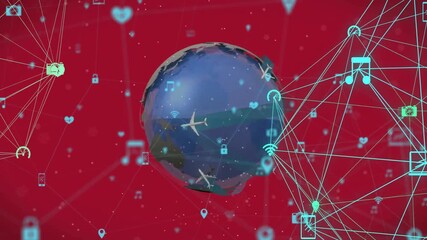 Aufkleber - Floating icons starting globe rotating and arcs sweeping planes flying showing global connectivity