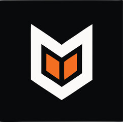 Fototapete - Abstract geometric logo design featuring an open book symbol with orange pages and white outline on a black background
