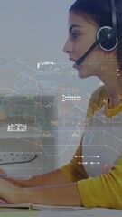 Poster - Animation of data processing and world map over caucasian woman wearing phone headset using computer