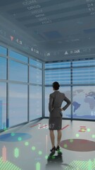 Poster - Animation of statistics and financial data processing over businesswoman in office