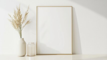Poster - Minimal white wall frame mockup, potted plant casting soft shadows, natural lighting highlighting clean interior design aesthetic