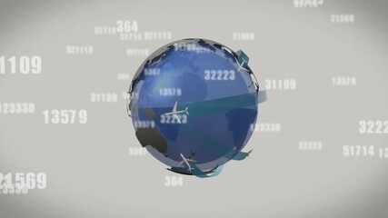 Poster - Enlarging sphere morphing into rotating globe, blue ribbons guiding planes showing global flights