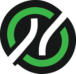 Fototapete - Abstract circular logo design featuring intersecting white lines and vibrant green arcs on a black background