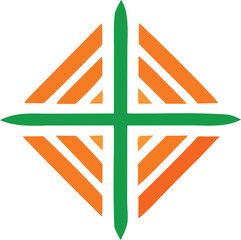 Poster - Abstract geometric design featuring a green cross intersecting with orange diagonal stripes on a white background