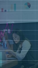 Poster - Animation of statistical data processing over three diverse colleagues discussing together at office