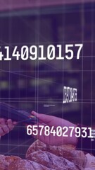 Poster - Animation of numbers and financial data processing over man paying with smartphone