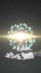 Poster - Animation of network of connected icons over hand of robot arm on dark background