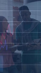 Poster - Animation of statistical data processing against diverse man and woman discussing at office