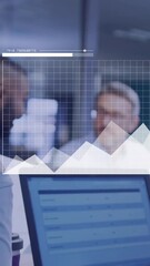 Poster - Animation of financial data processing over diverse colleagues discussing work in office