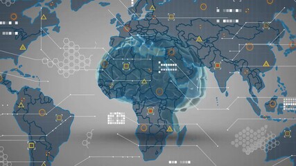 Poster - At start floating blue brain shifting rotating data icons pulsing across map showing global network
