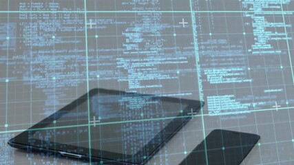 Aufkleber - Code streams initiating grid and tablet and phone sliding in code flickering showing tech interface