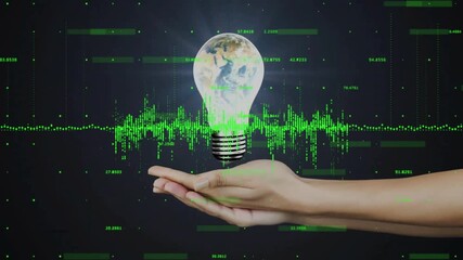 Poster - Hands entering cupping data waveform guiding bulb forming rotating Earth to showcase innovation