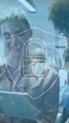 Poster - Animation of padlock in shield, connected dots, diverse female coworkers discussing reports