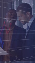 Poster - Animation of financial data processing over two diverse business people