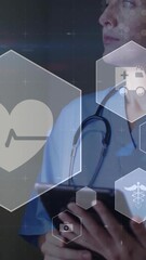 Poster - Animation of lens flare, icon in hexagons, female caucasian doctor using digital tablet