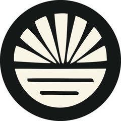 Fototapete - Minimalist black and white circular emblem featuring radiating lines above horizontal bars evoking a sunrise or abstract design