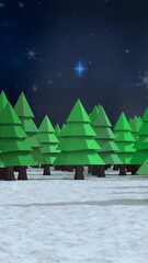 Poster - Snow falling over multiple trees on winter landscape against blue shining stars in night sky