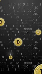 Poster - Bitcoin symbols with binary code animation over dark background